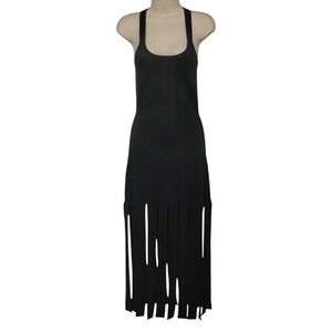 Michael Kors Collection Streamer Fringe Maxi Dress Black NWT L Racerback